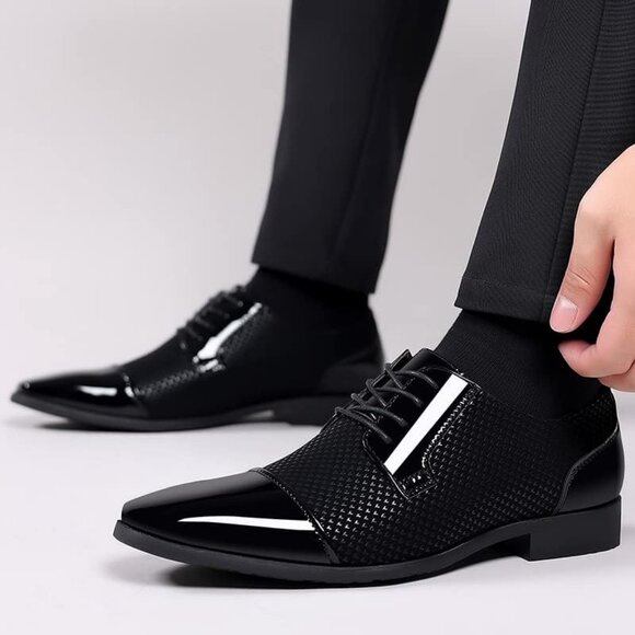 Feetly Men's Black Patent Leather Oxfords Lace up Business Tuxedo Wedding Shoes - Picture 4 of 5